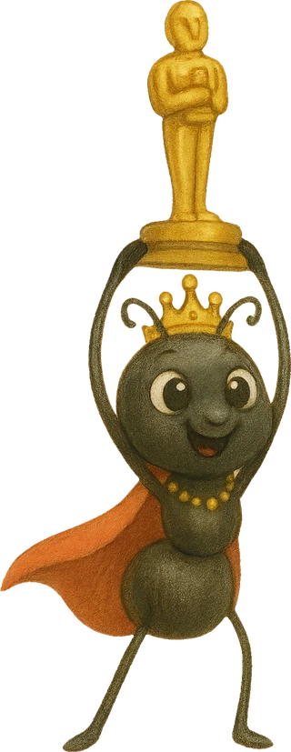 Abby the ant, the star of the film, holding up a gold award at the premiere