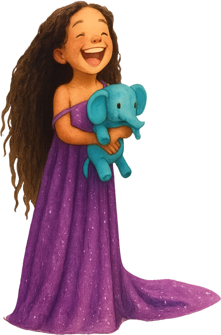 Illy, five, in her mother’s far-too-long purple sequinned gown, holding her teal elephant up at the premiere of the film she and her sister made