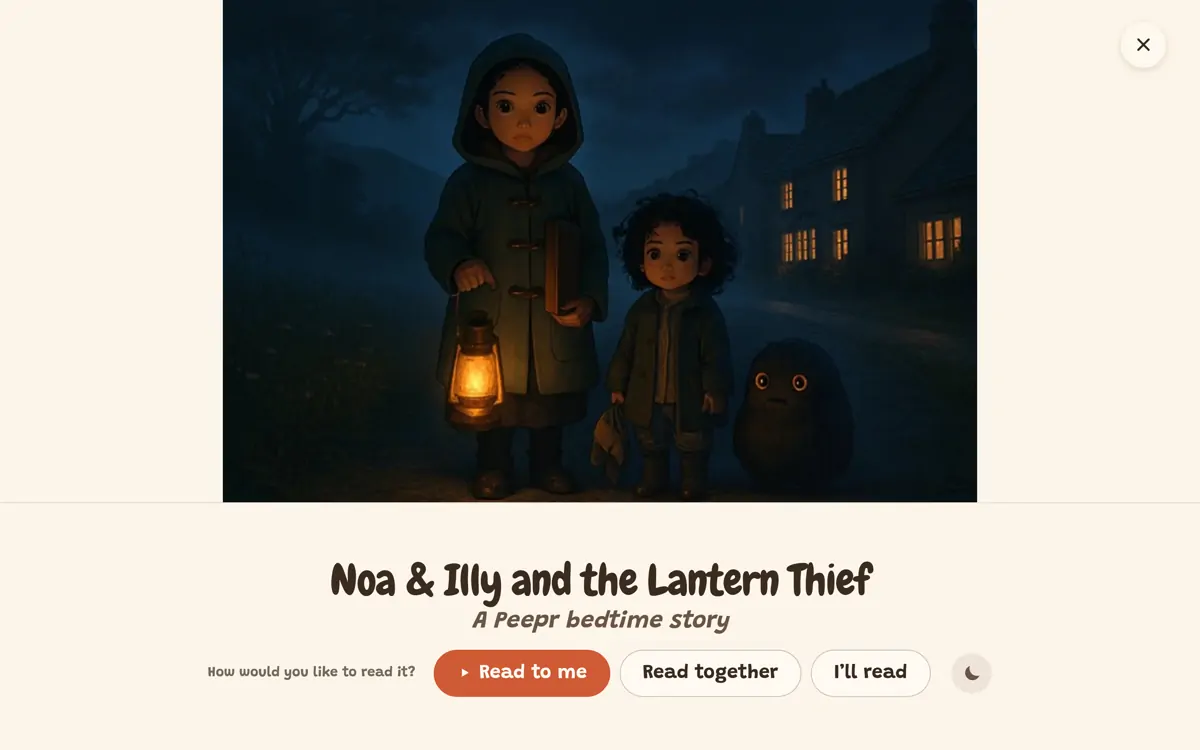 The Peepr storybook reader, showing the cover of “Noa & Illy and the Lantern Thief” and the three ways to read it
