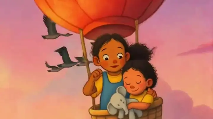 Two girls in a hot-air balloon basket at sunset, the smaller one asleep against her sister