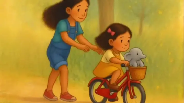 A girl running her little sister along on a red bicycle, the elephant riding in the basket